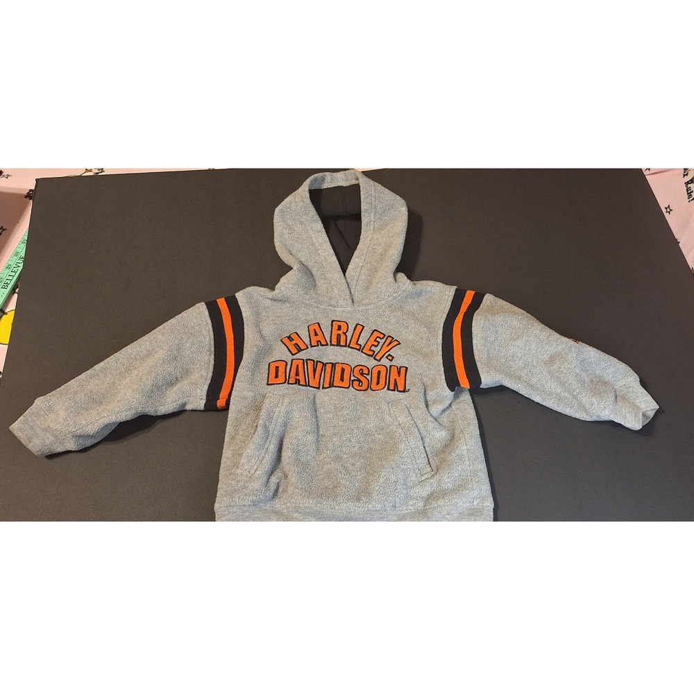 Harley Davidson Boys Fleece Hoodie Gray Orange Black Size 4 Sweatshirt‎